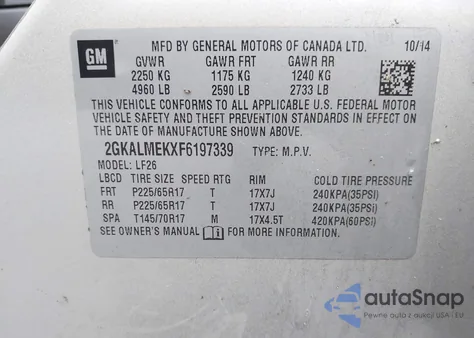 2015 GMC Terrain Sle-1 z USA, uszkodzony, nr VIN 2GKALMEKXF6197339